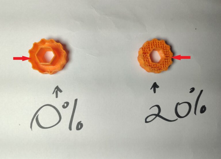 Two 3D printed parts using different infill densities