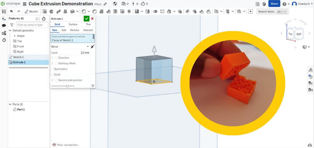 Collage of part design in onshape and the finished printed part.