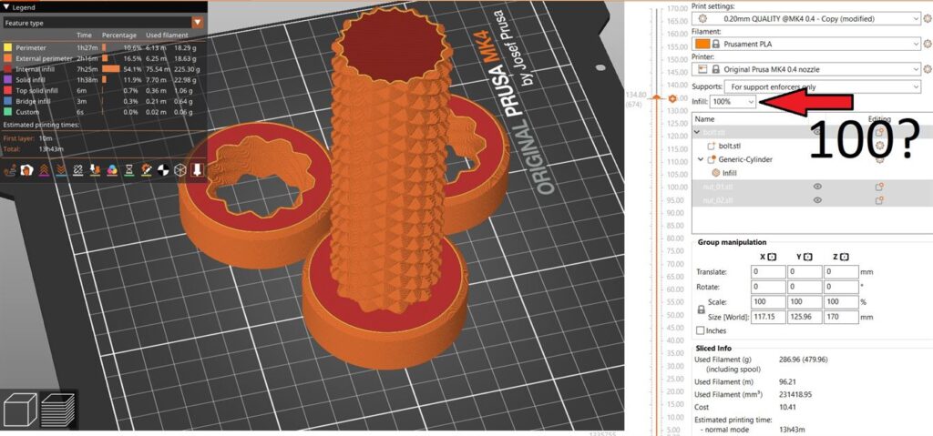 Prusa Slicer Screen with infill density set to 100%