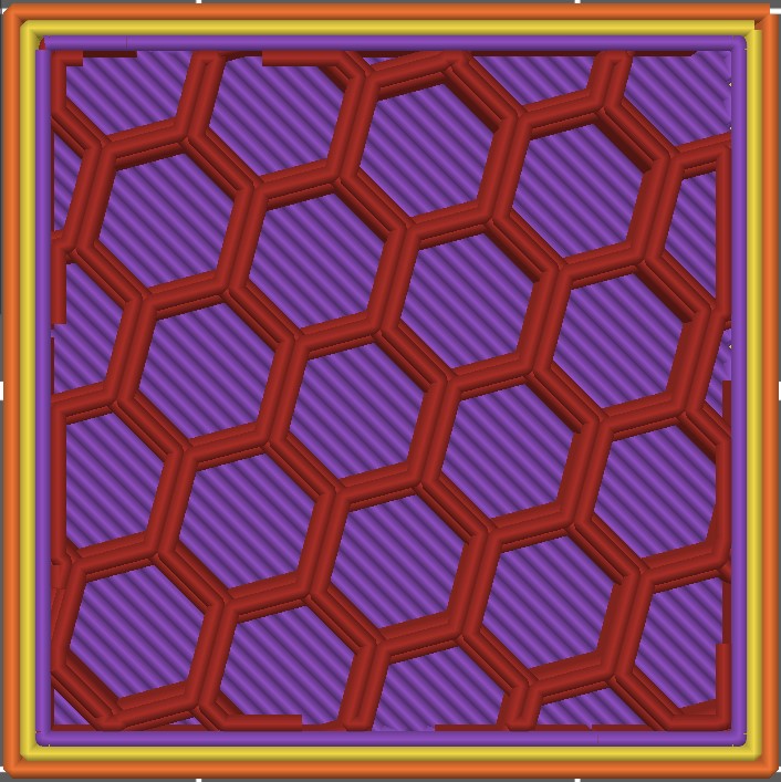 Cross-section of 3D cube in slicer showing honeycomb infill.