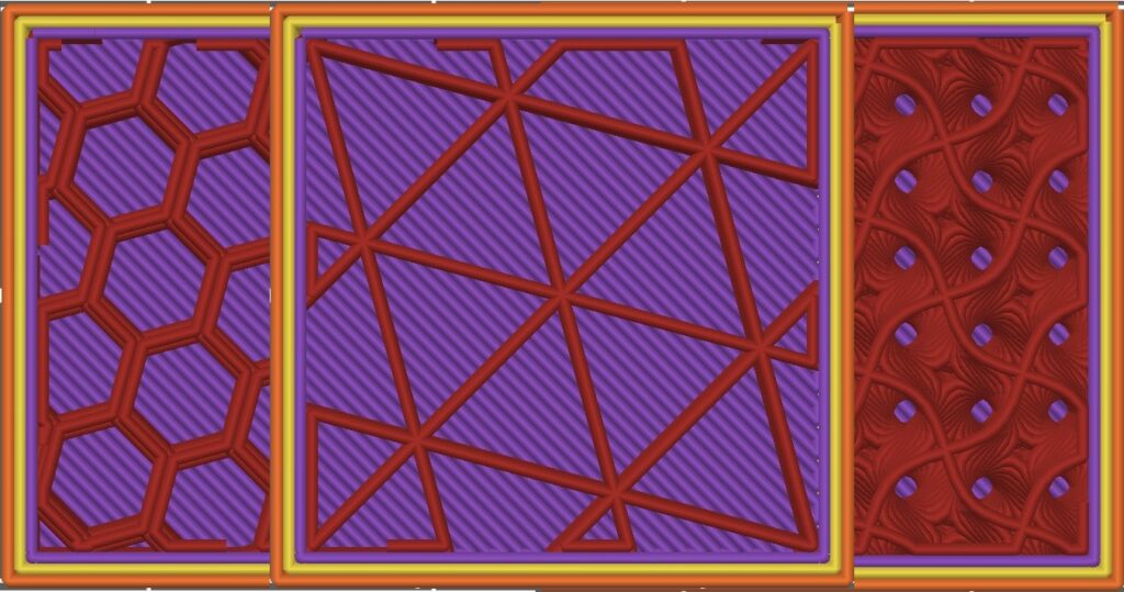 Image of honeycomb, triangles, and gyroid infill patterns.